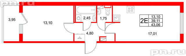 Квартира в ЖК Любоград, 1 комнатная, 43.06 м², 1 этаж