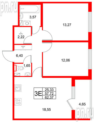 Квартира в ЖК Любоград, 2 комнатная, 62.37 м², 1 этаж