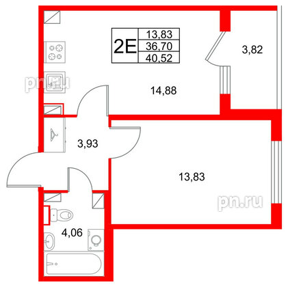 Квартира в ЖК Любоград, 1 комнатная, 40.52 м², 2 этаж