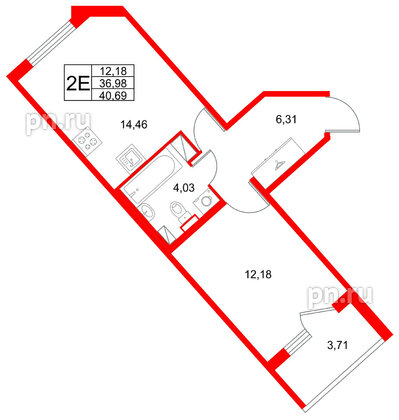 Квартира в ЖК Любоград, 1 комнатная, 40.69 м², 4 этаж