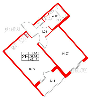 Квартира в ЖК Любоград, 1 комнатная, 43.17 м², 1 этаж