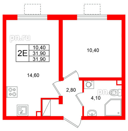 Квартира в ЖК «Ручьи–2», 1 комнатная, 31.9 м², 20 этаж