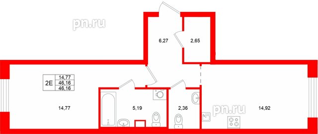 Квартира в ЖК Квартал «Новый Московский», 1 комнатная, 46.16 м², 1 этаж