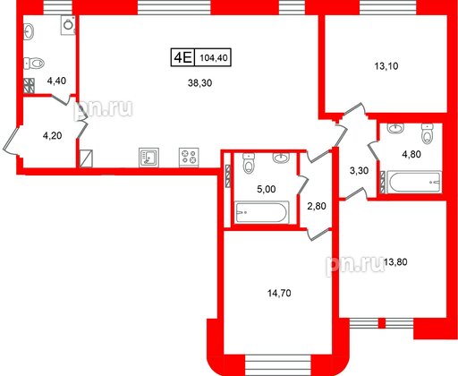 Квартира в ЖК «Коллекционер», 3 комнатная, 104.4 м², 5 этаж