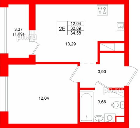 Квартира в ЖК Квартал «Новый Московский», 1 комнатная, 34.58 м², 9 этаж