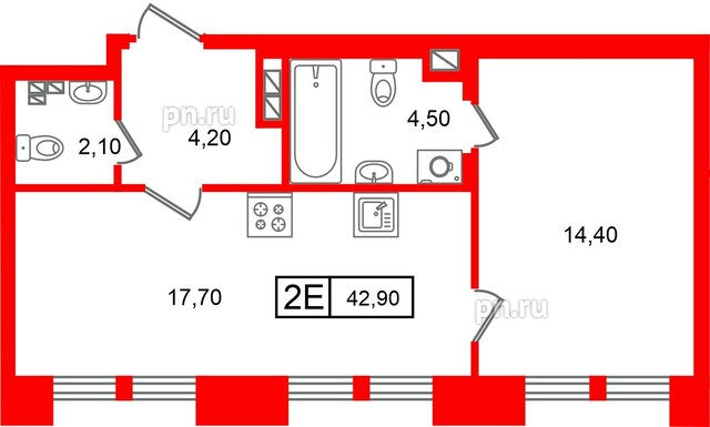 Квартира в ЖК «Коллекционер», 1 комнатная, 42.9 м², 5 этаж