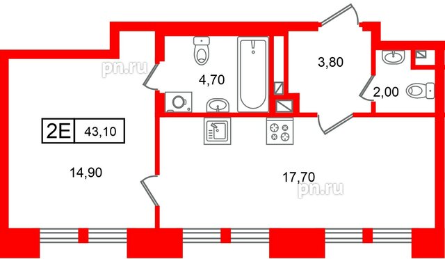 Квартира в ЖК «Коллекционер», 1 комнатная, 43.1 м², 3 этаж