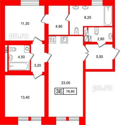 Квартира в ЖК «Коллекционер», 2 комнатная, 76.8 м², 4 этаж