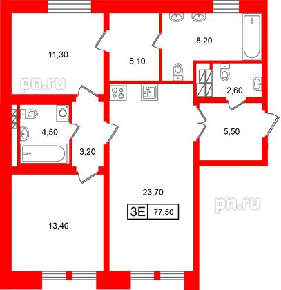 Квартира в ЖК «Коллекционер», 2 комнатная, 77.5 м², 5 этаж