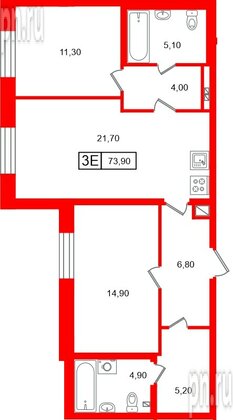 Квартира в ЖК «Коллекционер», 2 комнатная, 73.9 м², 4 этаж