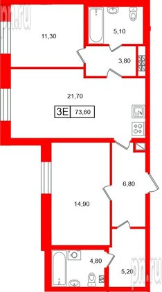 Квартира в ЖК «Коллекционер», 2 комнатная, 73.6 м², 6 этаж
