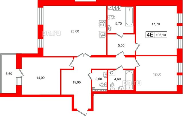 Квартира в ЖК «Коллекционер», 3 комнатная, 105.1 м², 5 этаж