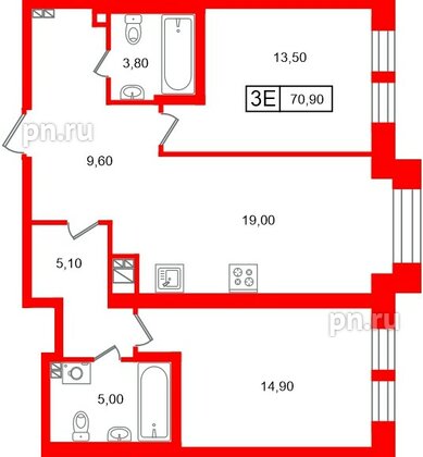 Квартира в ЖК «Коллекционер», 2 комнатная, 70.9 м², 4 этаж