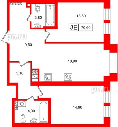 Квартира в ЖК «Коллекционер», 2 комнатная, 70.6 м², 6 этаж