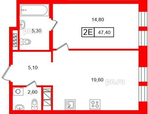 Квартира в ЖК «Коллекционер», 1 комнатная, 47.4 м², 6 этаж