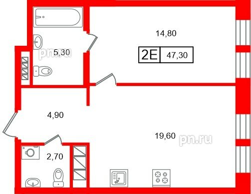 Квартира в ЖК «Коллекционер», 1 комнатная, 47.3 м², 7 этаж