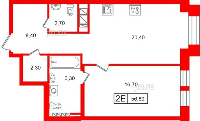 Квартира в ЖК «Коллекционер», 1 комнатная, 56.8 м², 6 этаж