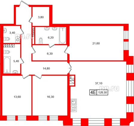 Квартира в ЖК «Коллекционер», 3 комнатная, 128.5 м², 6 этаж