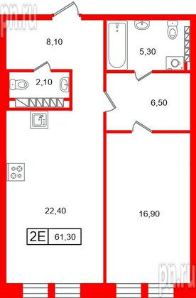 Квартира в ЖК «Коллекционер», 1 комнатная, 61.3 м², 7 этаж
