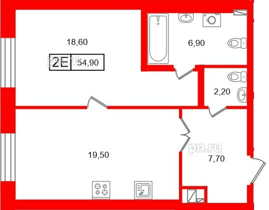 Квартира в ЖК «Коллекционер», 1 комнатная, 54.9 м², 3 этаж