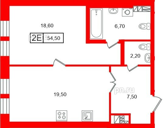 Квартира в ЖК «Коллекционер», 1 комнатная, 54.5 м², 6 этаж