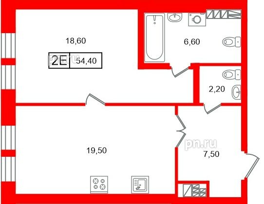 Квартира в ЖК «Коллекционер», 1 комнатная, 54.4 м², 7 этаж