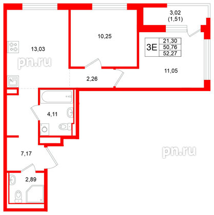 Квартира в ЖК GloraX Новоселье, 2 комнатная, 52.27 м², 8 этаж