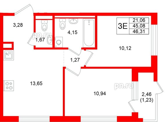 Квартира в ЖК «Новоселье», 2 комнатная, 46.31 м², 1 этаж