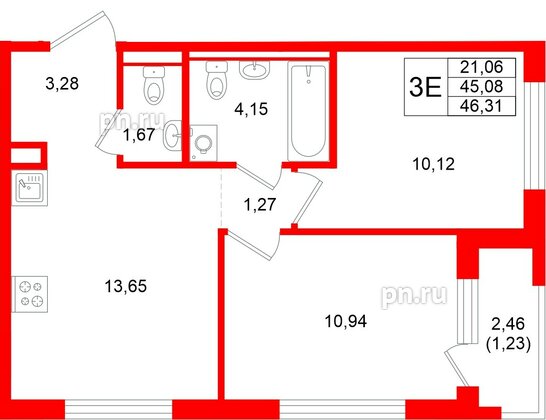 Квартира в ЖК «Новоселье», 2 комнатная, 46.31 м², 7 этаж