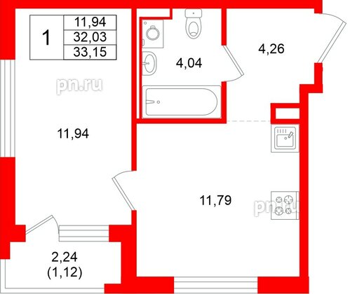 Квартира в ЖК «Новоселье», 1 комнатная, 33.15 м², 11 этаж