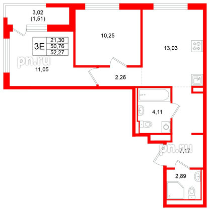 Квартира в ЖК GloraX Новоселье, 2 комнатная, 52.27 м², 4 этаж