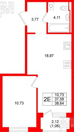 Квартира в ЖК «Новоселье», 1 комнатная, 38.64 м², 1 этаж