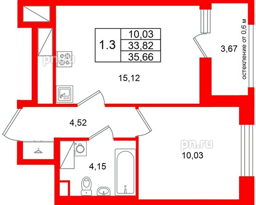 Квартира в ЖК «Город звёзд», 1 комнатная, 33.82 м², 22 этаж