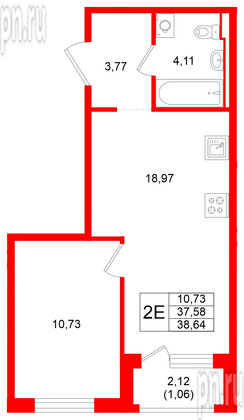 Квартира в ЖК GloraX Новоселье, 1 комнатная, 38.64 м², 12 этаж