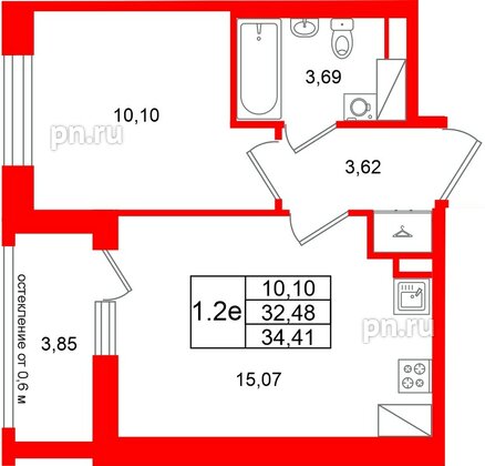 Квартира в ЖК «Город звёзд», 1 комнатная, 32.48 м², 12 этаж