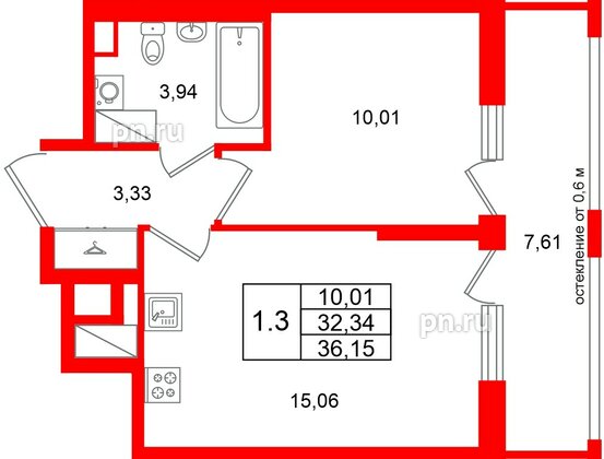 Квартира в ЖК «Город звёзд», 1 комнатная, 32.34 м², 2 этаж