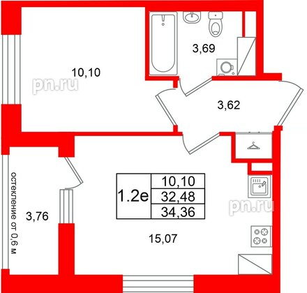 Квартира в ЖК «Город звёзд», 1 комнатная, 32.48 м², 20 этаж