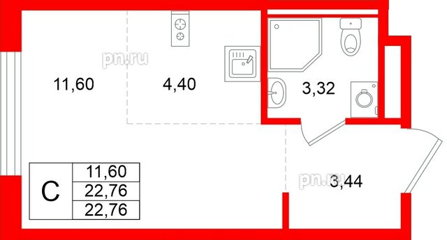 Квартира в ЖК «Новоселье», студия, 22.76 м², 1 этаж