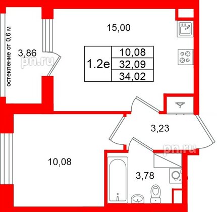 Квартира в ЖК «Город звёзд», 1 комнатная, 32.09 м², 12 этаж