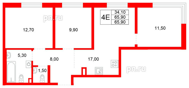 Квартира в ЖК Plus Пулковский, 3 комнатная, 65.9 м², 1 этаж