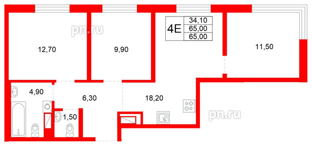 Квартира в ЖК Plus Пулковский, 3 комнатная, 65 м², 3 этаж