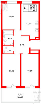 Квартира в ЖК Plus Пулковский, 3 комнатная, 81.23 м², 1 этаж