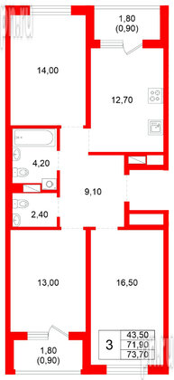 Квартира в ЖК Plus Пулковский, 3 комнатная, 71.9 м², 4 этаж