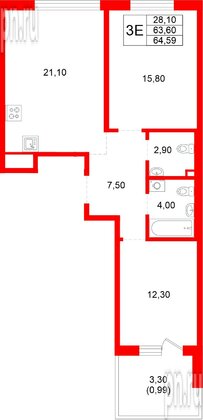 Квартира в ЖК «Плюс Пулковский», 2 комнатная, 63.6 м², 1 этаж