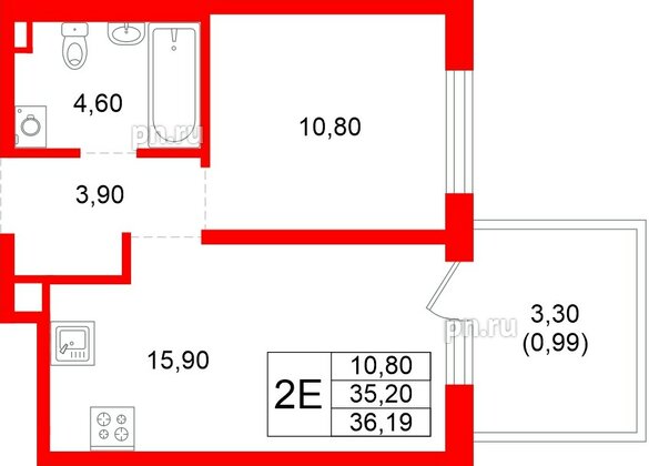 Квартира в ЖК «Плюс Пулковский», 1 комнатная, 35.2 м², 1 этаж