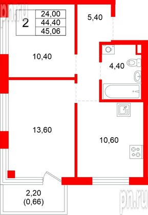 Квартира в ЖК «Плюс Пулковский», 2 комнатная, 45.06 м², 2 этаж