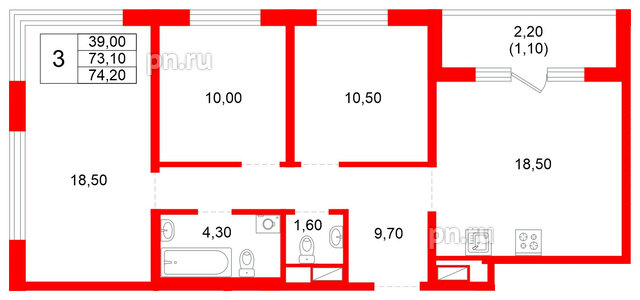 Квартира в ЖК Plus Пулковский, 3 комнатная, 74.2 м², 5 этаж