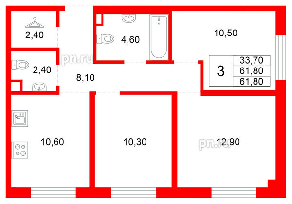 Квартира в ЖК Plus Пулковский, 3 комнатная, 61.8 м², 1 этаж
