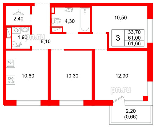 Квартира в ЖК Plus Пулковский, 3 комнатная, 61.66 м², 4 этаж