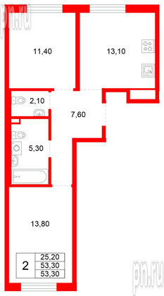 Квартира в ЖК «Плюс Пулковский», 2 комнатная, 53.3 м², 1 этаж